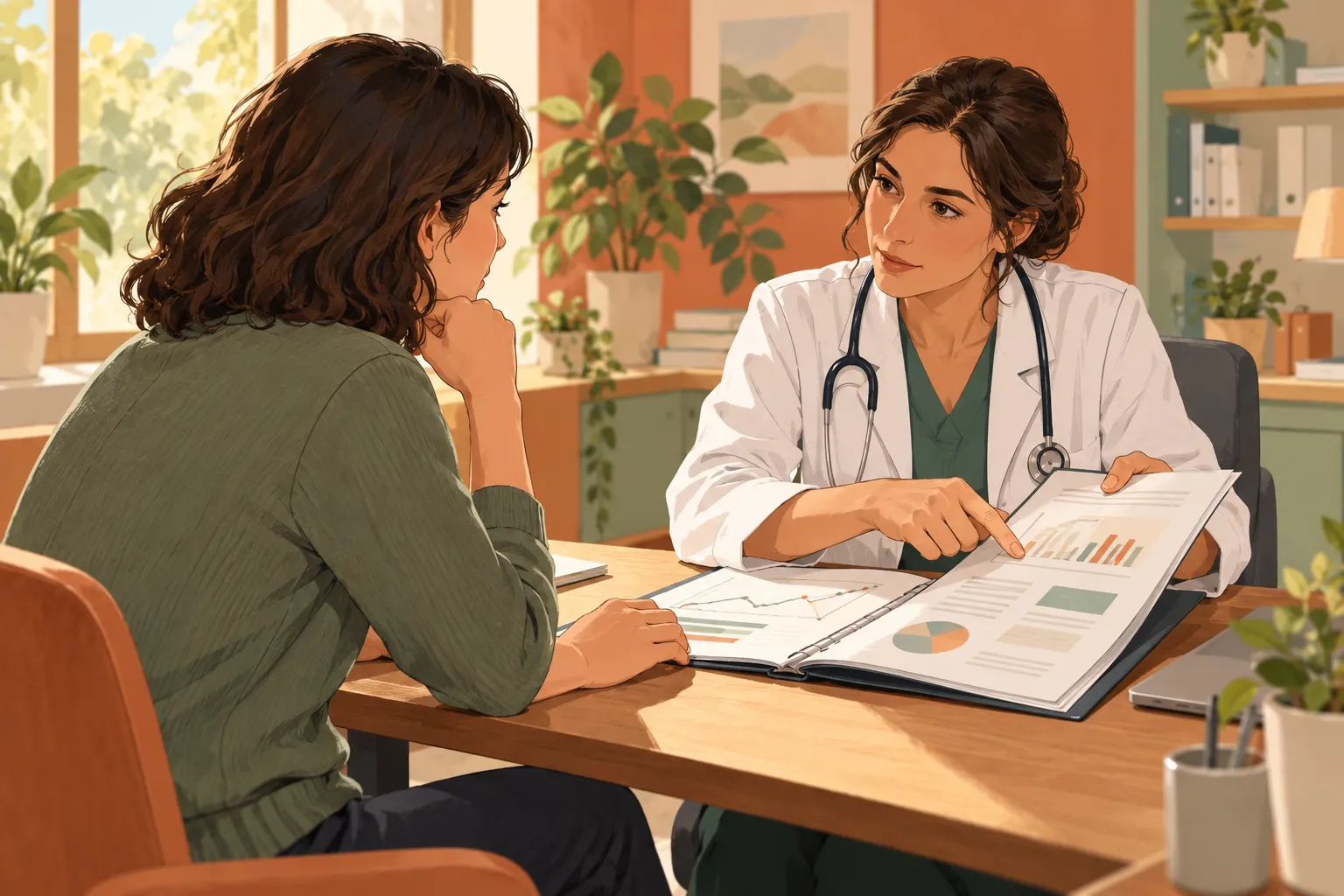 Illustration d’une adulte et d’une médecin échangeant autour d’un dossier de suivi.