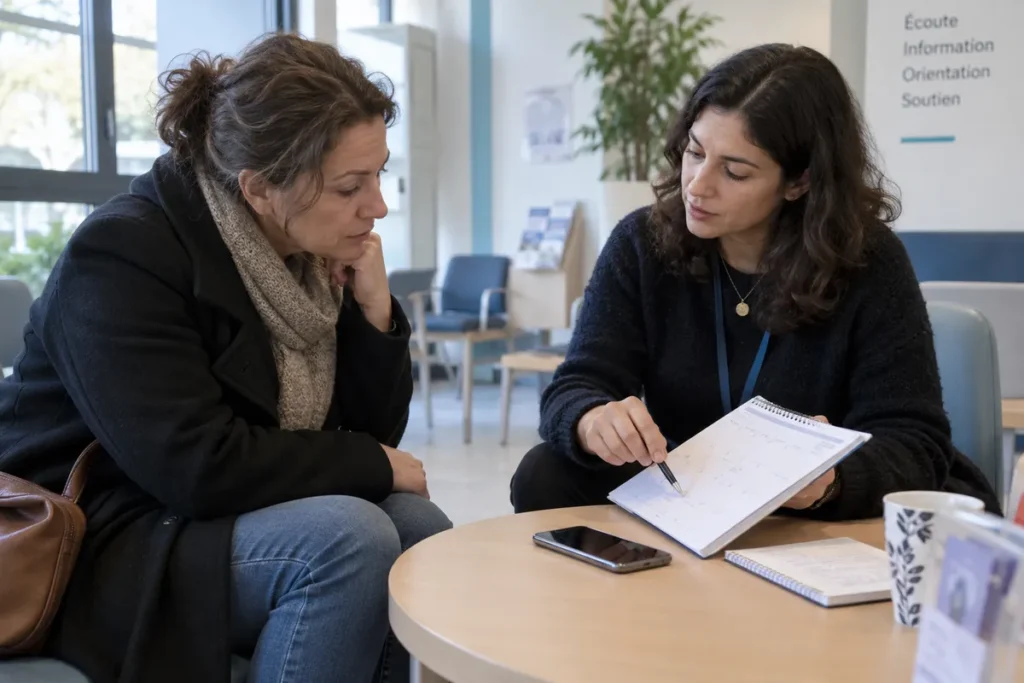 Deux personnes échangent autour d’un calendrier dans une salle d’accueil.