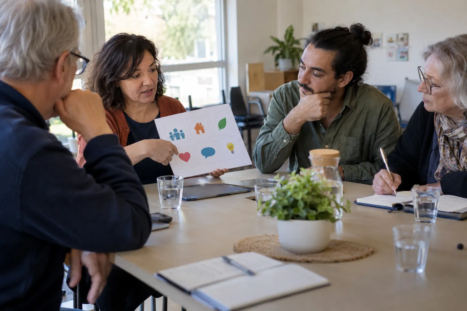 Des adultes discutent autour d’une table, avec des carnets et un panneau de pictogrammes.