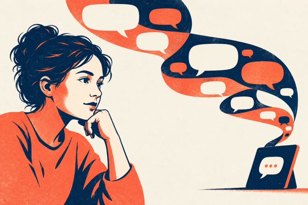 Illustration dessinée d’une personne attentive face à un ruban de bulles de conversation abstraites et un écran.