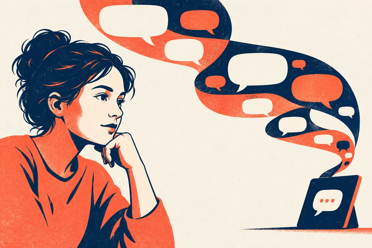 Illustration dessinée d’une personne attentive face à un ruban de bulles de conversation abstraites et un écran.