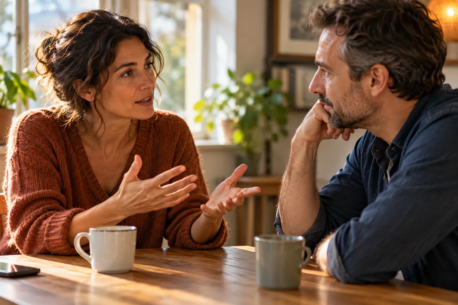 Deux adultes échangent à table, avec un téléphone retourné au second plan.