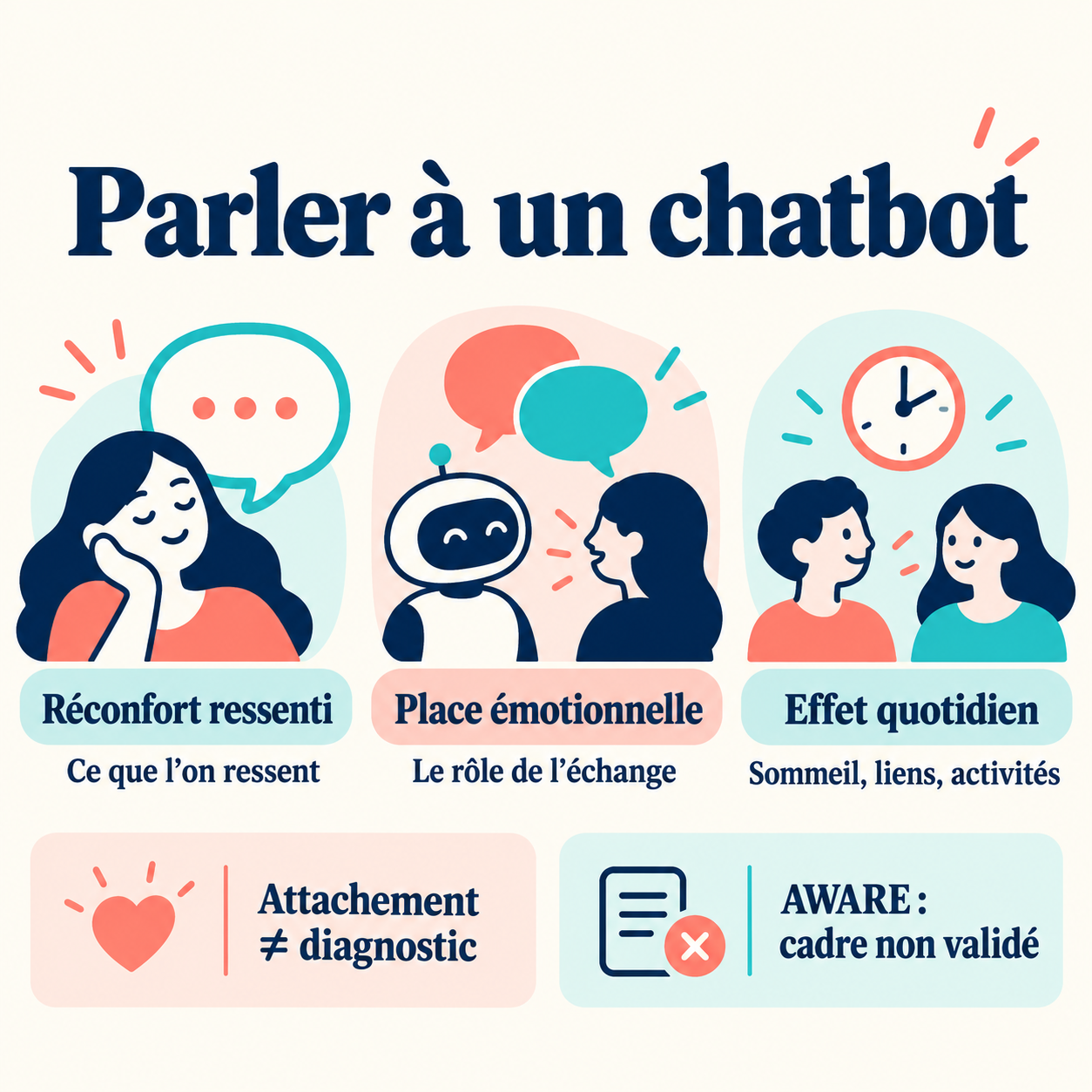 Trois notions distinctes : réconfort ressenti, place émotionnelle et effet quotidien. Attachement ne signifie pas diagnostic ; AWARE est un cadre non validé.