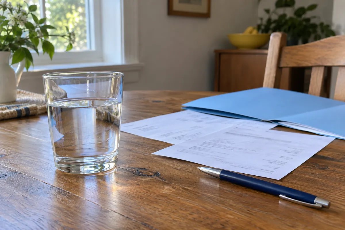 Un verre d’eau, des documents papier et un dossier ouvert sur une table.
