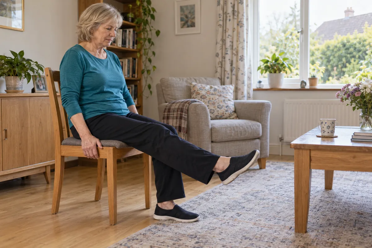 Une femme assise sur une chaise dans son salon, une jambe étendue vers l’avant.