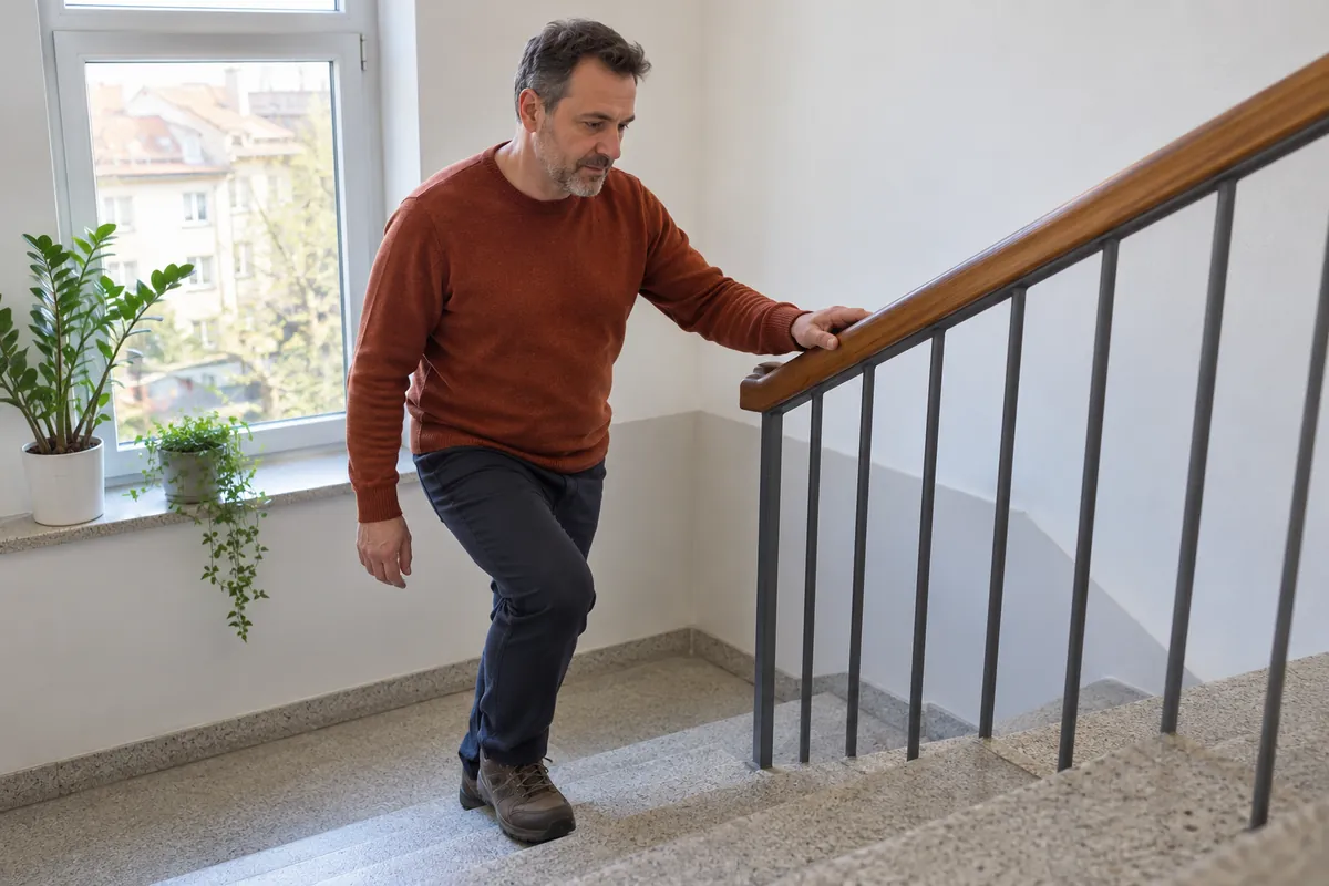 Un homme monte un escalier en tenant la rampe dans un immeuble lumineux.
