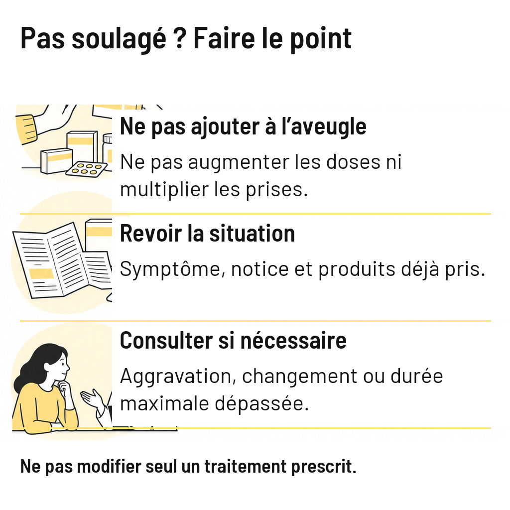 Sans amélioration : ne pas augmenter les doses ni empiler les produits ; revoir symptômes, notice et prises, puis consulter selon l’évolution.