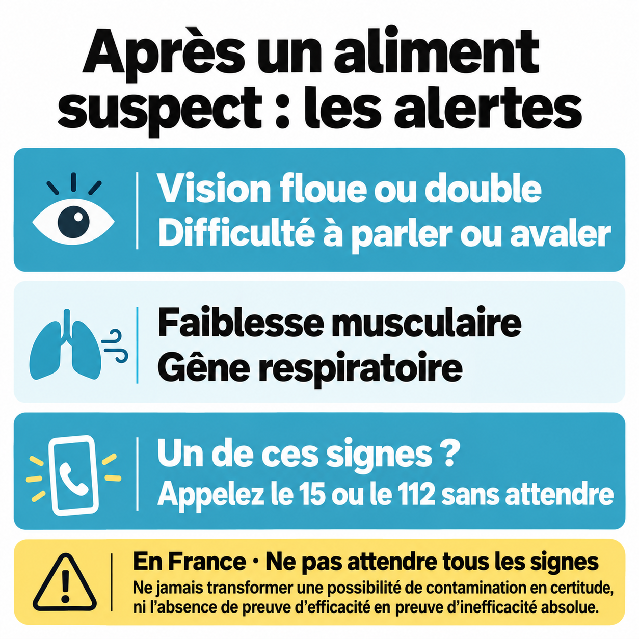 Après un aliment suspect, vision floue ou double, difficulté à parler ou avaler, faiblesse musculaire ou gêne respiratoire : appeler le 15 ou le 112 sans attendre en France. Ne pas attendre que tous les signes soient présents.