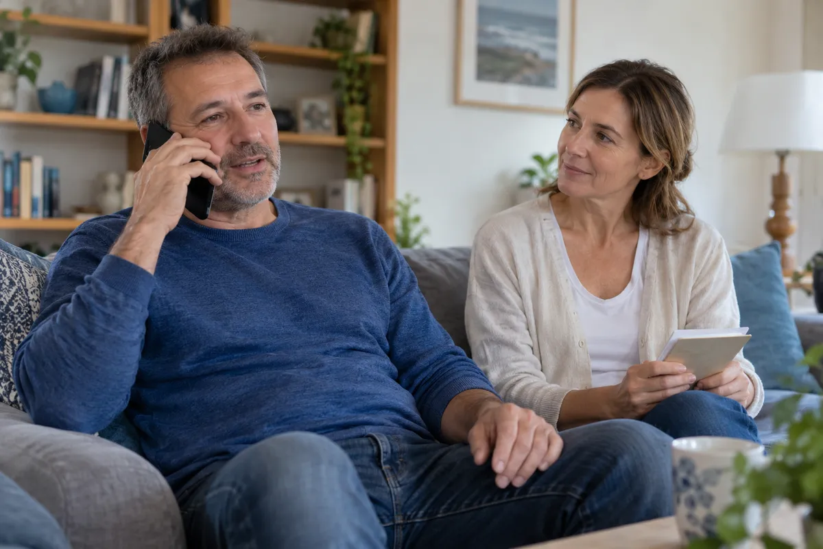 Un adulte assis téléphone, accompagné d’un proche qui tient un carnet sans inscription lisible.