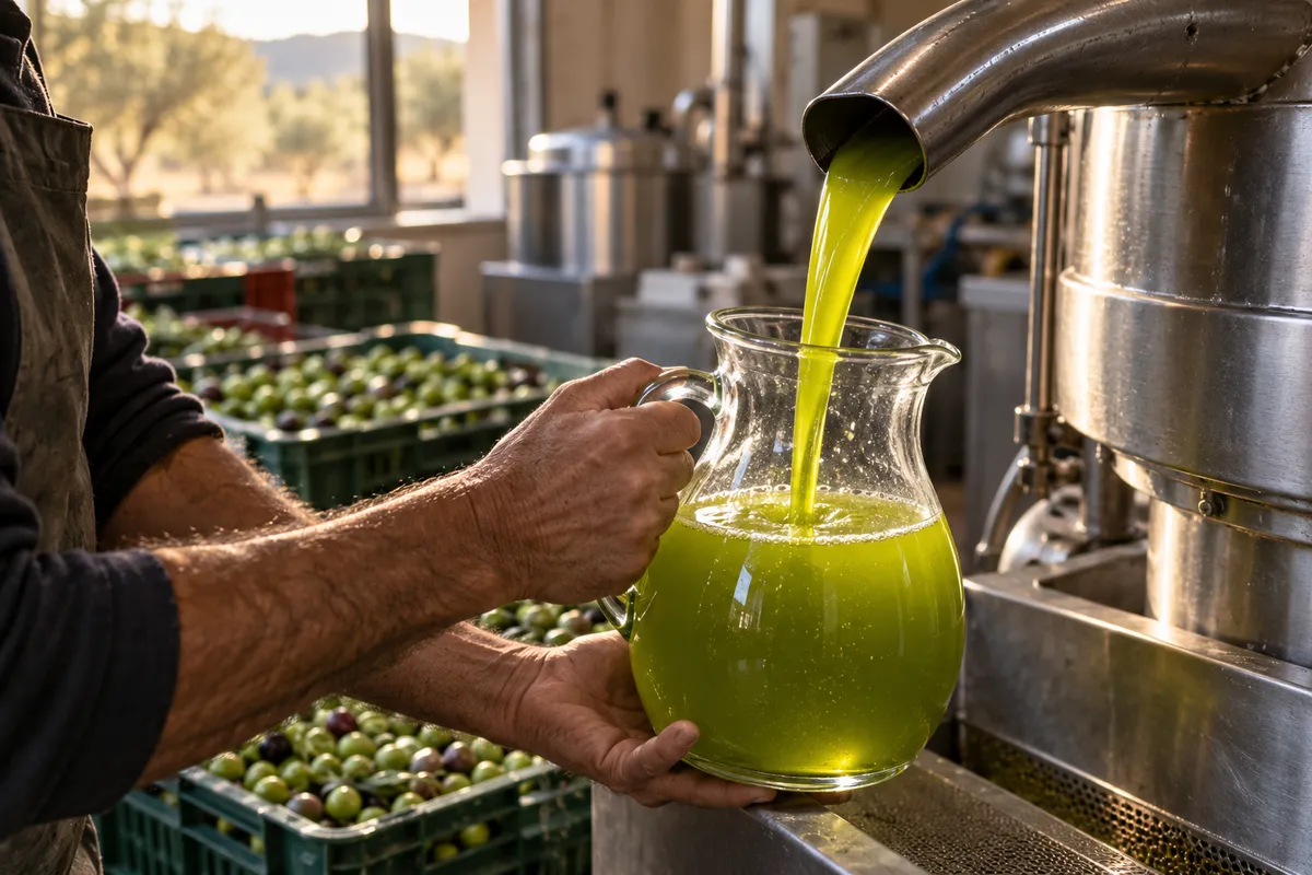 Dans un petit moulin à huile, un filet d’huile d’olive trouble et vert vif coule d’un bec en inox dans une carafe en verre tenue par une personne en tablier ; à l’arrière-plan, des caisses d’olives vertes et violettes et des cuves en acier.