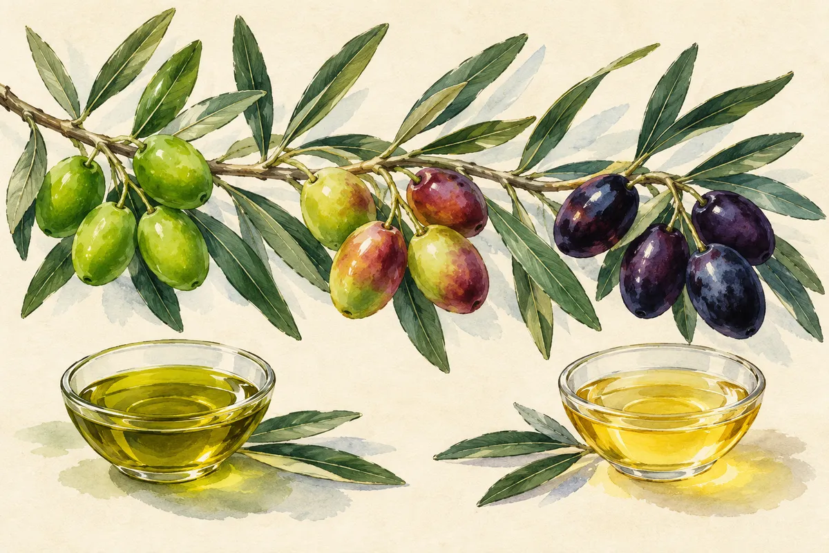 Illustration à l’aquarelle d’une branche d’olivier dont les olives passent du vert au jaune-rouge puis au violet-noir, au-dessus de deux bols d’huile, l’un vert doré, l’autre doré clair.
