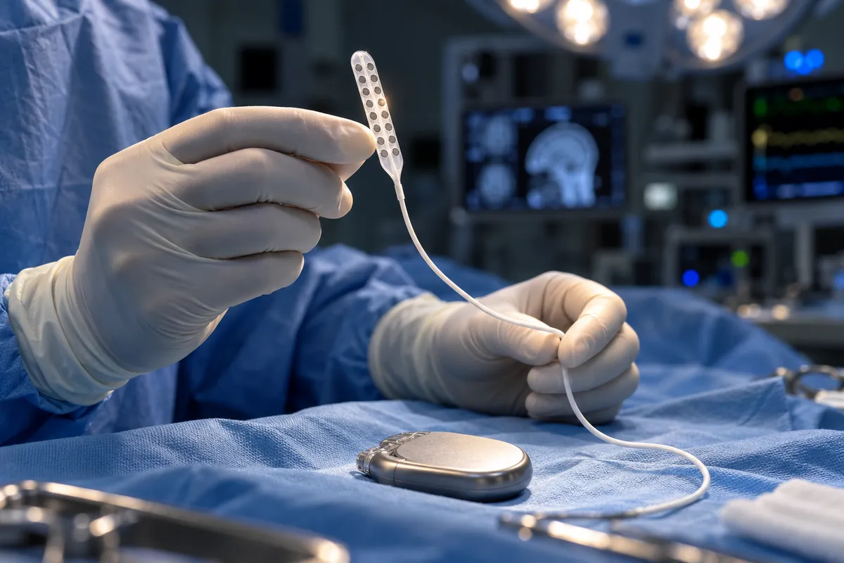 Au bloc opératoire, les mains gantées d’un chirurgien tiennent une fine électrode plate et souple munie de deux rangées de contacts métalliques, reliée à un fil blanc ; un petit boîtier de stimulation en titane repose sur le champ opératoire bleu.