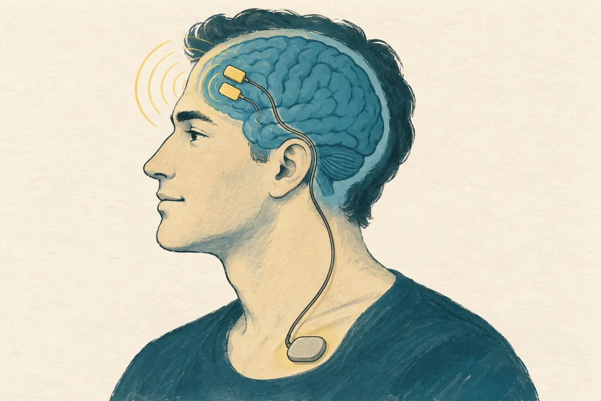 Illustration à la gouache d’un homme vu de profil ; dans sa tête, un cerveau bleu sur l’avant duquel sont posées deux petites plaques jaunes, reliées par un fil qui passe derrière l’oreille et descend jusqu’à un petit boîtier sous la clavicule.