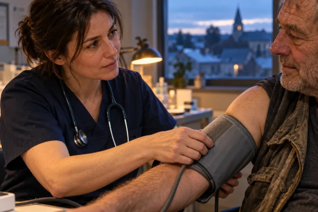 Gros plan sur une infirmière en tunique bleu marine, stéthoscope autour du cou, qui ajuste un brassard de tension gris sur le bras nu d’un homme d’une soixantaine d’années en veste de travail ; derrière eux, une fenêtre donne sur les toits d’une petite ville au crépuscule.