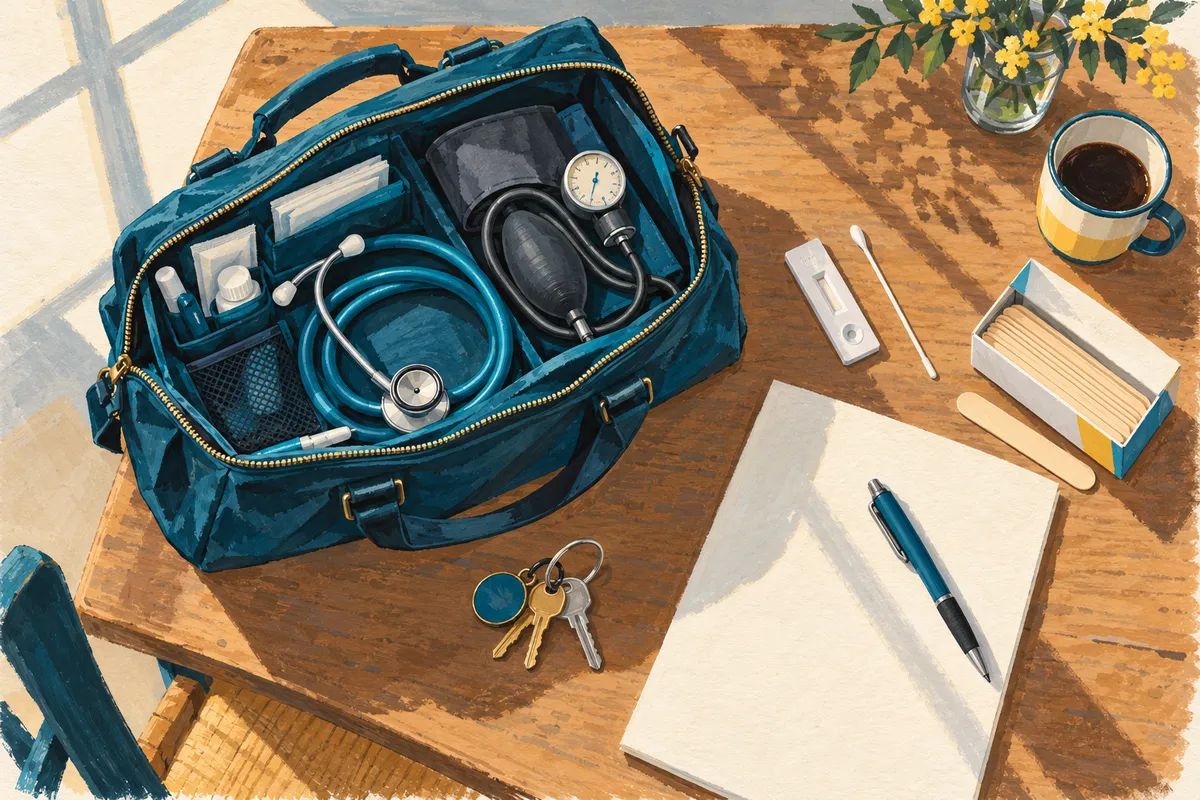 Illustration à la gouache d’une table en bois vue de dessus : une sacoche d’infirmier ouverte avec un stéthoscope et un tensiomètre manuel, un test rapide avec son écouvillon, une boîte d’abaisse-langues, un carnet vierge, un stylo, un trousseau de clés et une tasse de café.