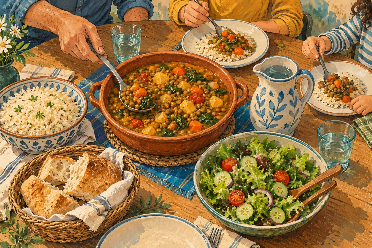 Illustration d’un repas de famille avec un plat de lentilles mijotées aux légumes, un bol de riz, du pain et une salade.