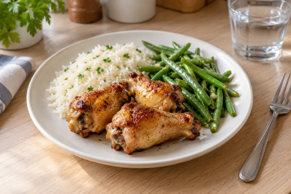 Trois morceaux de poulet rôti accompagnés de riz et de haricots verts dans une assiette.