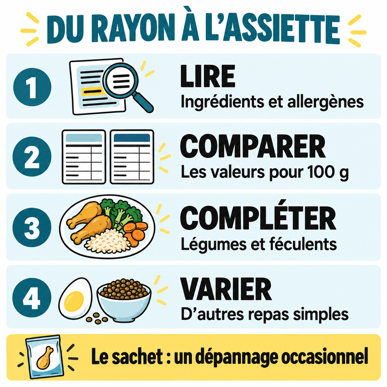 Du rayon à l’assiette : lire les ingrédients et allergènes, comparer pour 100 g, compléter avec légumes et féculents, puis varier les repas.