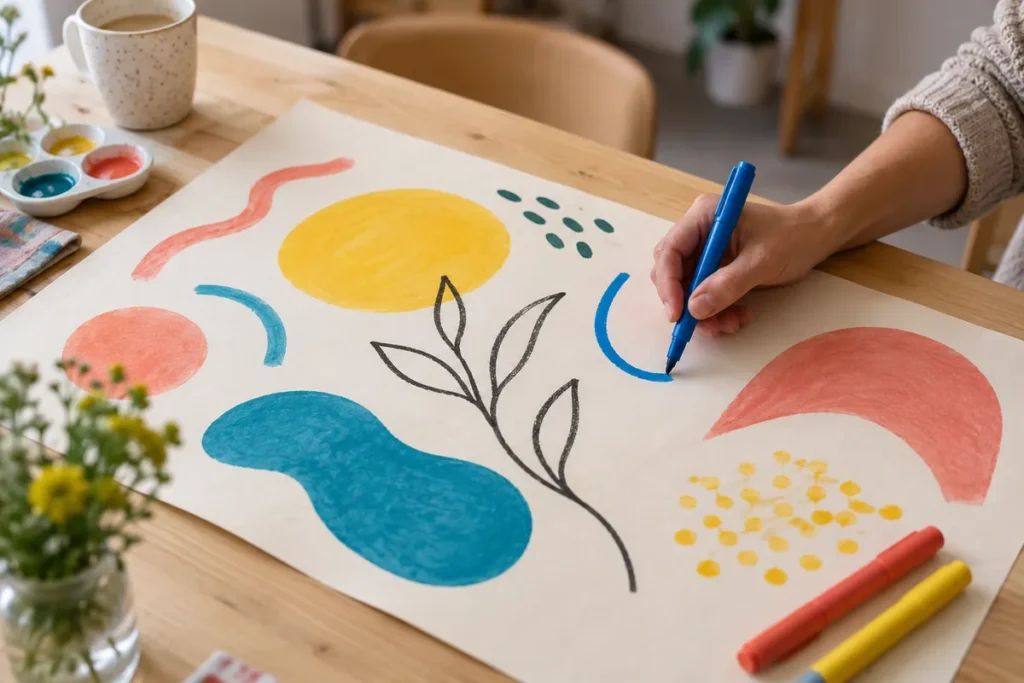 Une main ajoute un trait bleu à une composition de formes colorées sur une table.