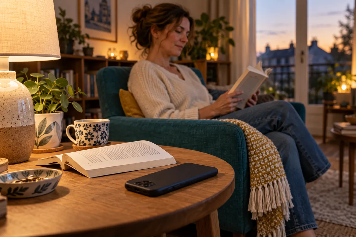 Une adulte lit dans un fauteuil en soirée, avec un téléphone posé face cachée sur une table près d’un livre.