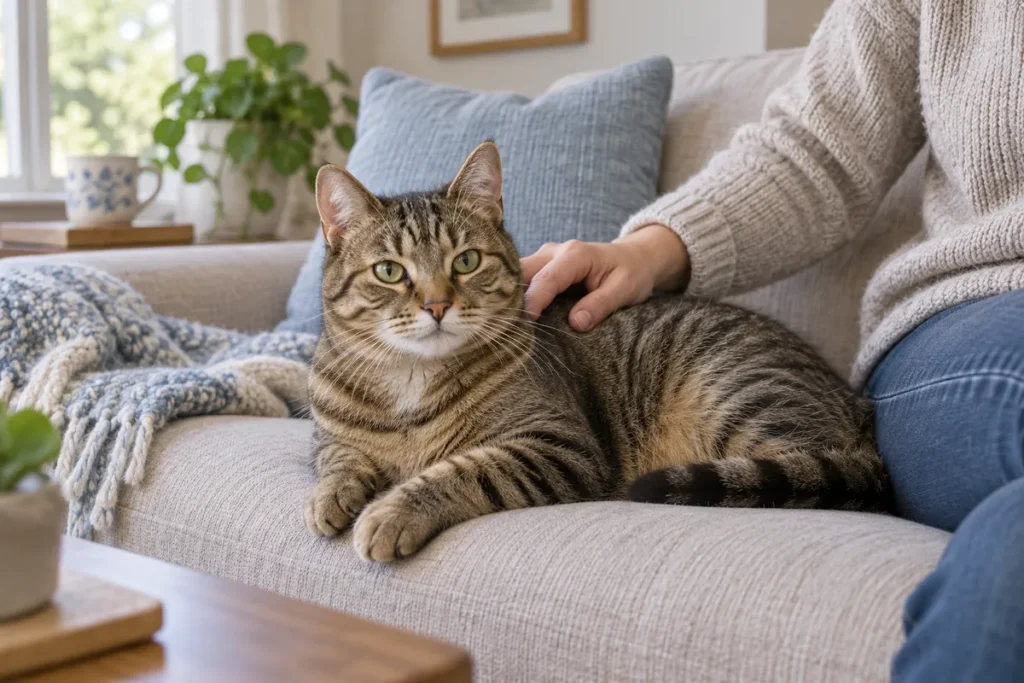 Un chat tigré sur un canapé près d’une personne qui le caresse.