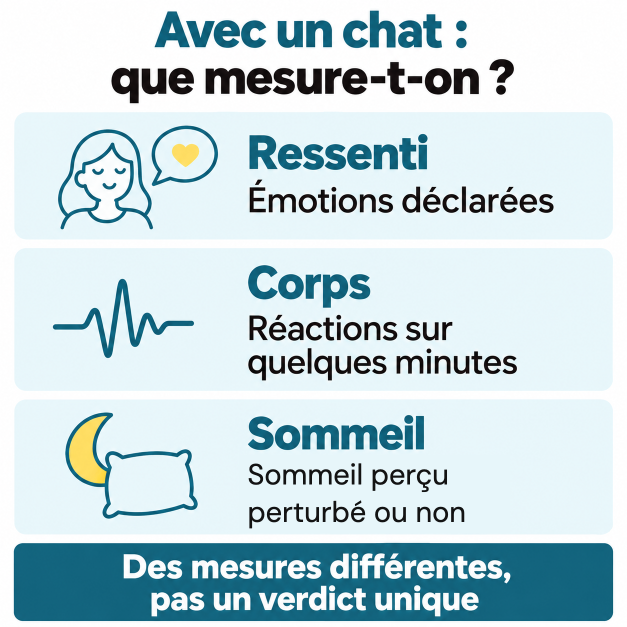 Trois observations distinctes avec un chat : les émotions déclarées, les réactions du corps sur quelques minutes et la perception des nuits.