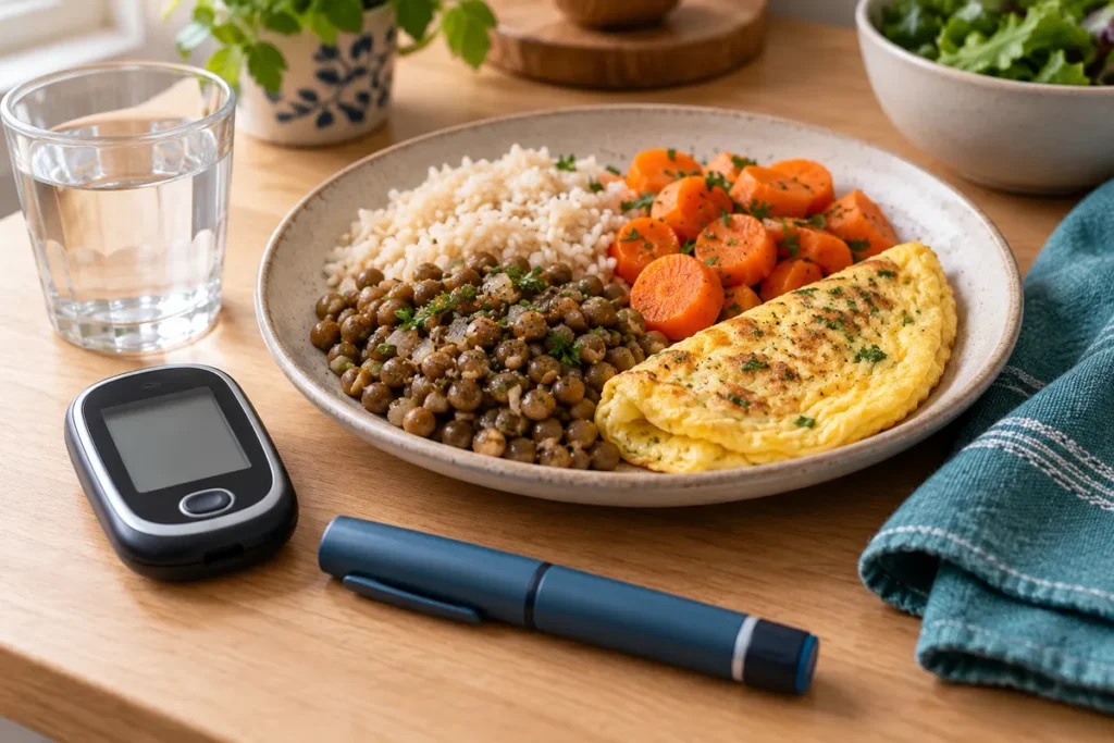 Assiette de riz, lentilles, carottes et omelette, avec un appareil de mesure et un stylo capuchonné sur la table.