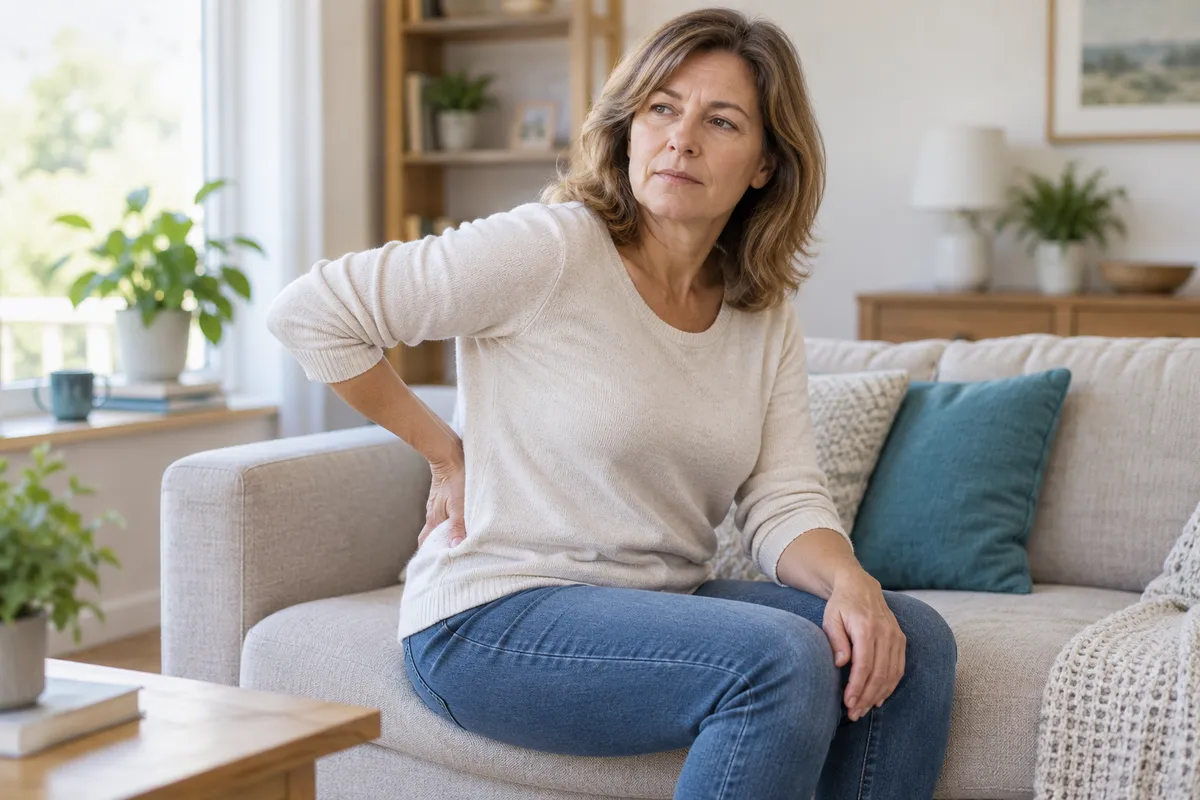 Une femme assise au bord d’un canapé, une main posée sur le bas du dos
