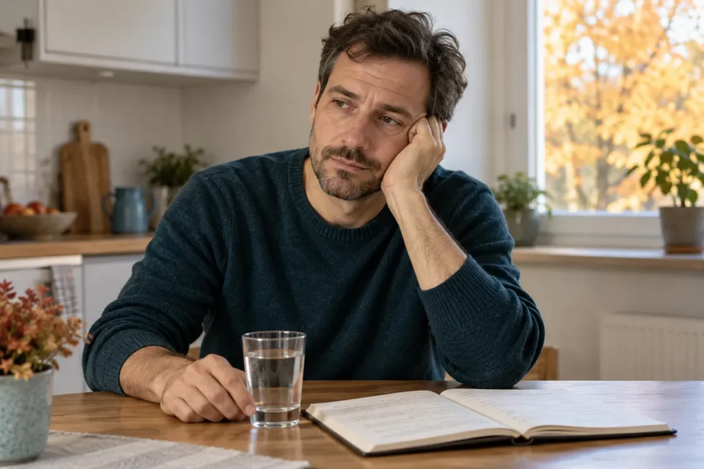 Homme assis à une table, la joue appuyée sur sa main, avec un carnet et un verre d’eau