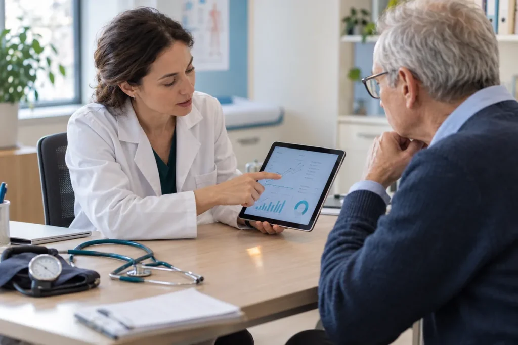 Une médecin explique des informations sur une tablette à un homme dans un cabinet