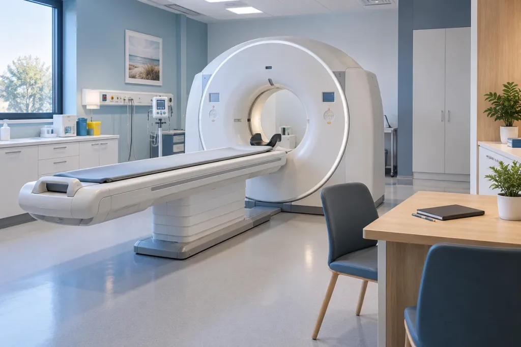 Un scanner médical et sa table d’examen dans une salle lumineuse, avec un bureau et deux chaises à proximité.