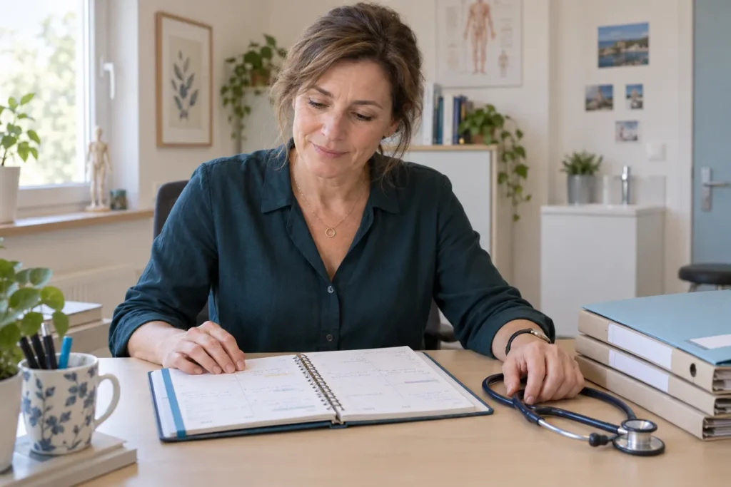Une médecin consulte un agenda ouvert sur son bureau, avec un stéthoscope et des dossiers
