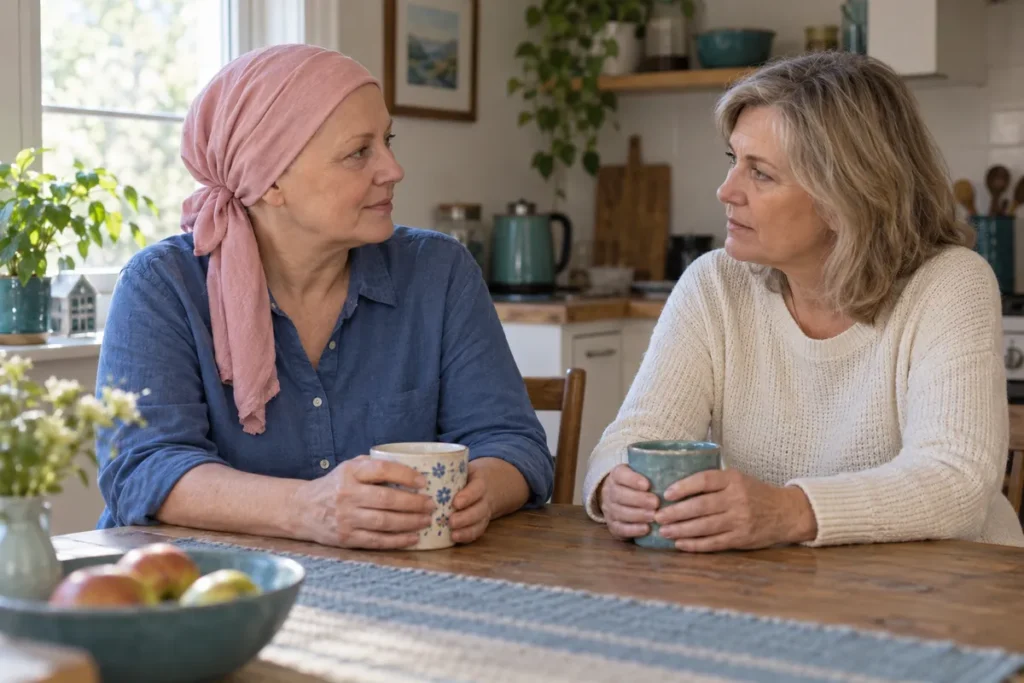 Deux femmes échangent autour d’une table à la maison