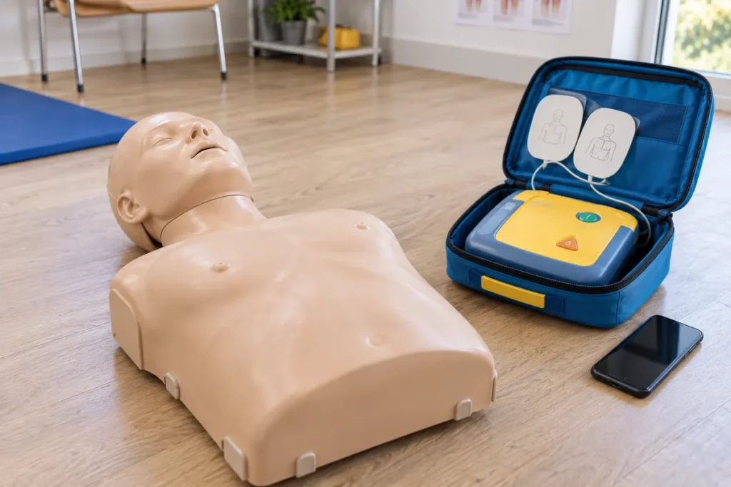 Mannequin de réanimation, défibrillateur et téléphone dans une salle de formation