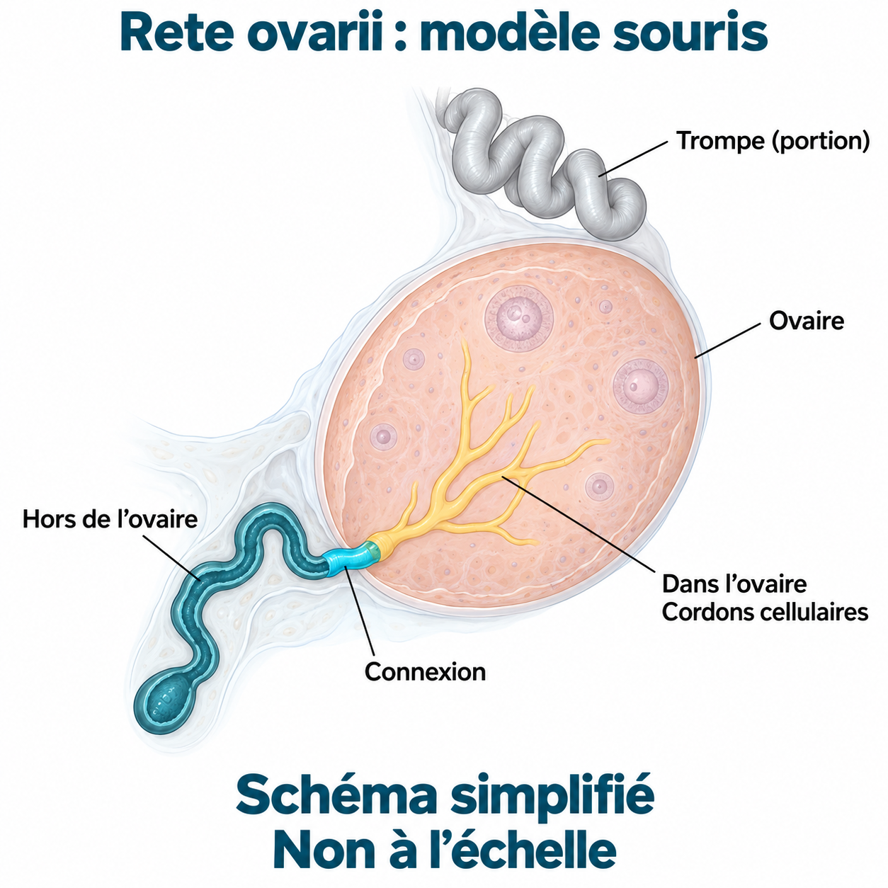 Schéma simplifié, non à l’échelle, du rete ovarii dans le modèle souris : cordons intraovariens, connexion et partie tubulaire extérieure, distincte de la trompe.