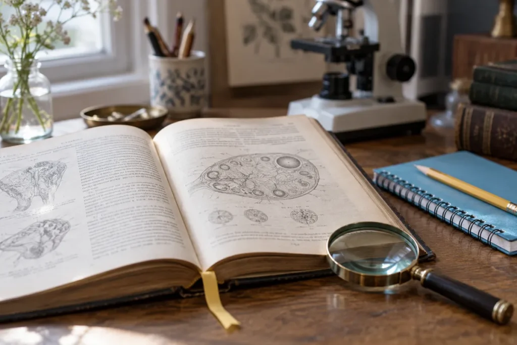 Livre à planches scientifiques et loupe sur un bureau, illustration d’ambiance évoquant les manuels et la recherche anatomique.