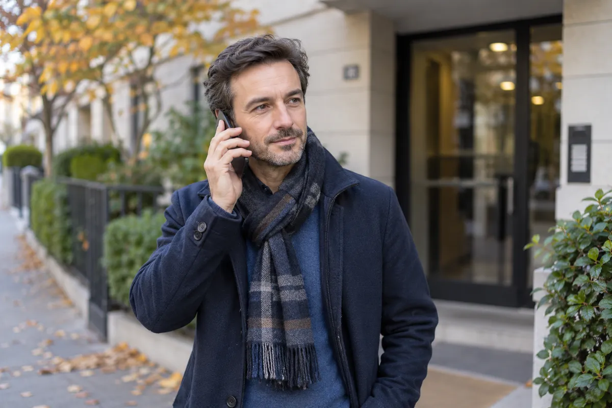 Un adulte téléphone à l’extérieur d’un immeuble résidentiel.