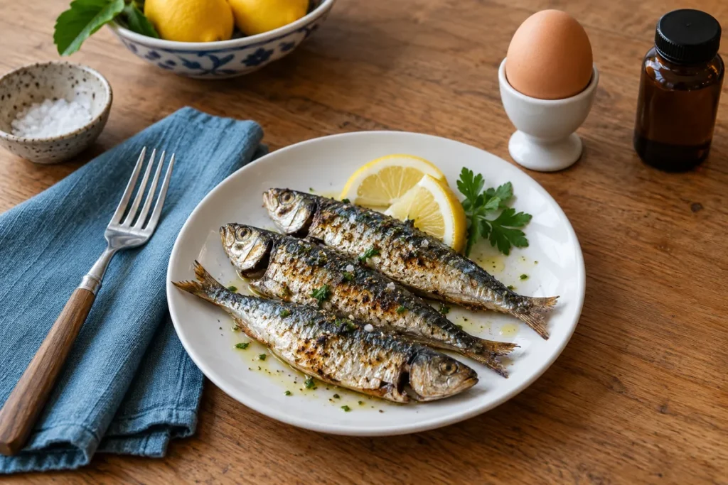 Assiette de sardines, œuf et flacon fermé sur une table