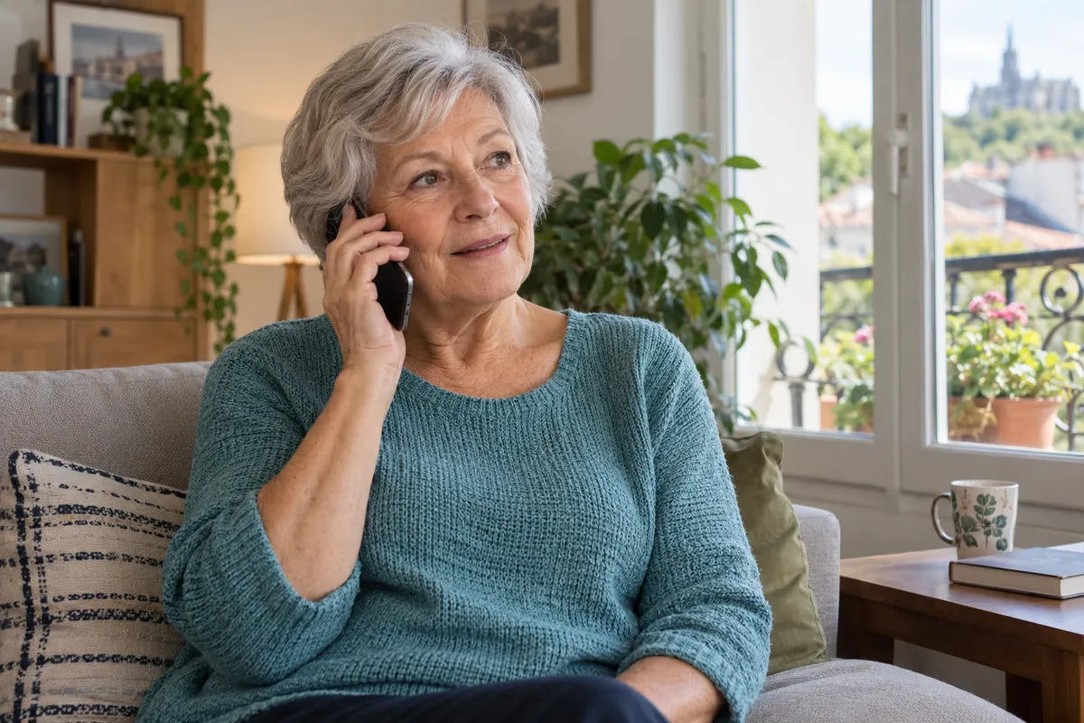 Une femme assise près d’une fenêtre tient un téléphone à son oreille.