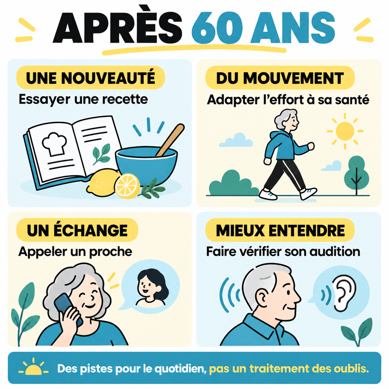 Après 60 ans : essayer une nouveauté, adapter son activité physique, échanger avec un proche et faire vérifier son audition. Ces pistes ne sont pas un traitement des troubles de mémoire.