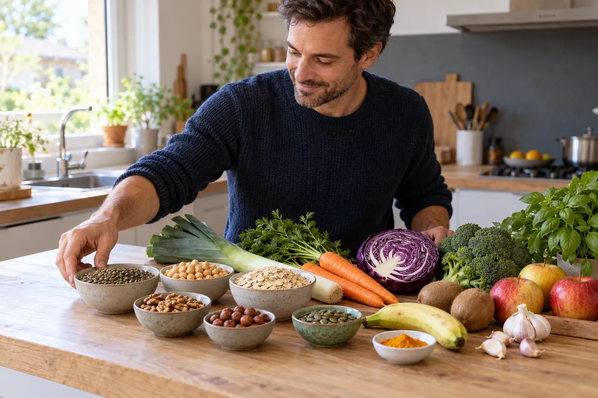 Un homme dans une cuisine lumineuse dispose sur le plan de travail des bols de lentilles, de pois chiches, de flocons d’avoine, de noix et de graines, à côté de légumes, de fruits et d’herbes fraîches.