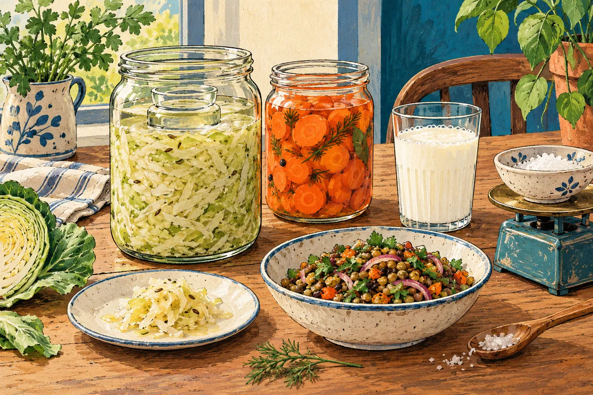 Illustration d’une table de cuisine avec un bocal de chou râpé sous sa saumure, un bocal de carottes en saumure, un verre de kéfir de lait, du gros sel et une cuillère de choucroute servie à côté d’une salade de lentilles.