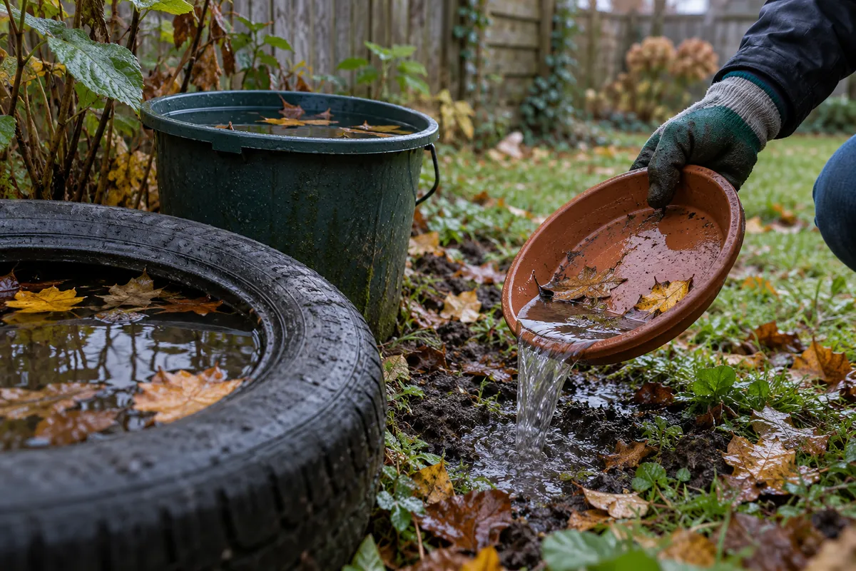 Une main gantée vide une soucoupe de pot de fleurs remplie d'eau de pluie, à côté d'un seau et d'un vieux pneu où l'eau stagne avec des feuilles mortes.