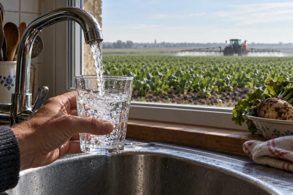 Main tenant un verre sous un robinet de cuisine qui coule, avec par la fenêtre des champs cultivés et un tracteur équipé d’une rampe de pulvérisation