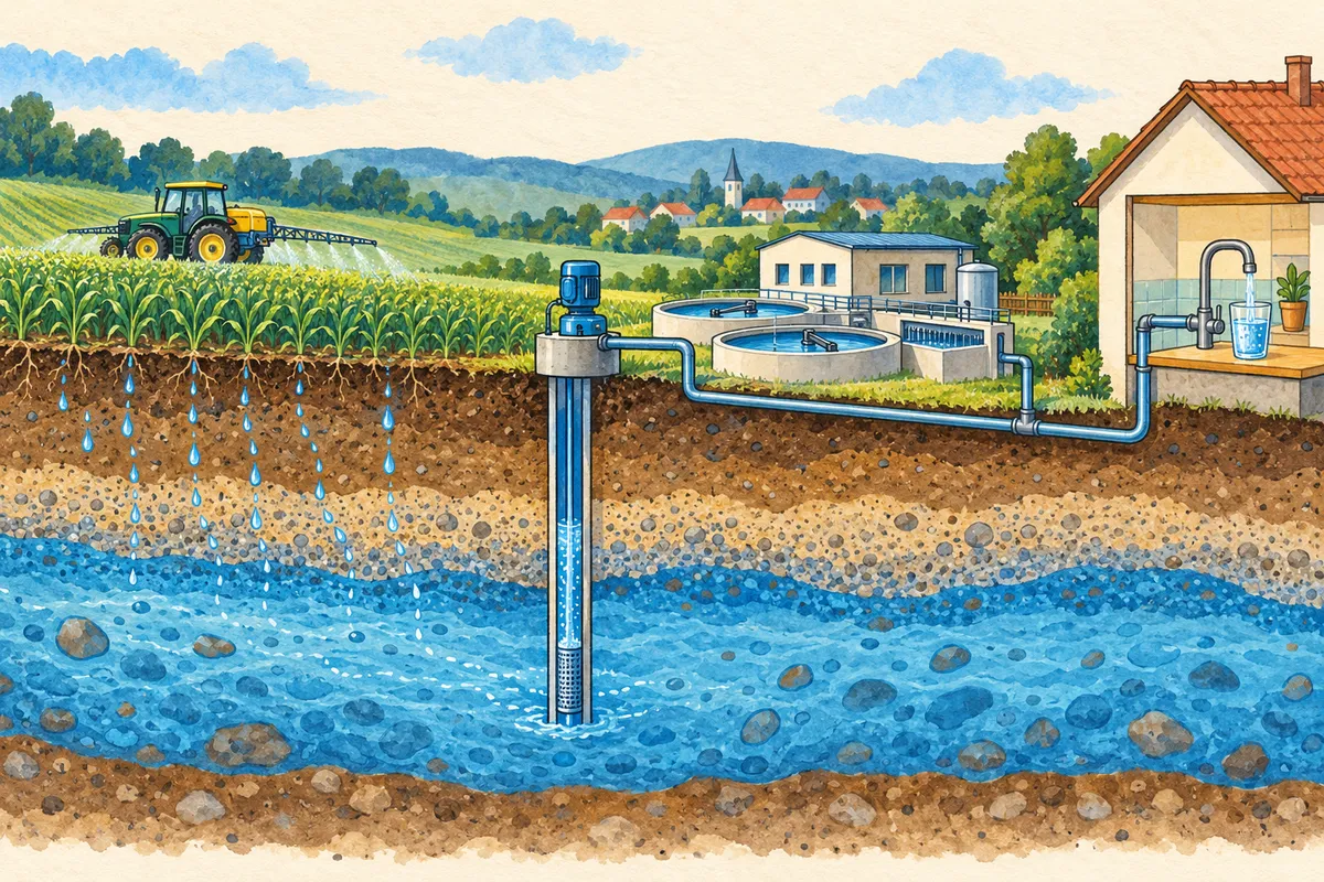 Illustration en coupe à la gouache : un tracteur pulvérise un champ, des gouttes descendent à travers le sol jusqu’à une nappe souterraine, un puits pompe l’eau vers une petite station de traitement, puis une canalisation l’amène au robinet d’une maison