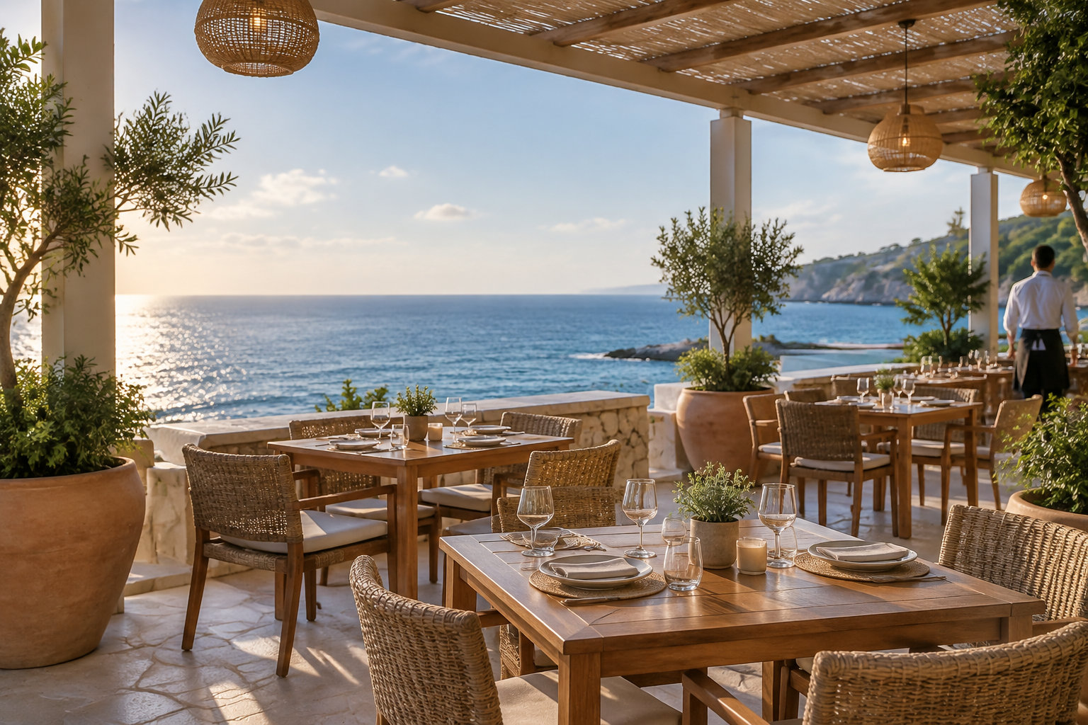 Une terrasse de restaurant aménagée avec des tables dressées et des chaises en osier donne sur la mer au coucher du soleil, tandis qu’un serveur se tient à droite.