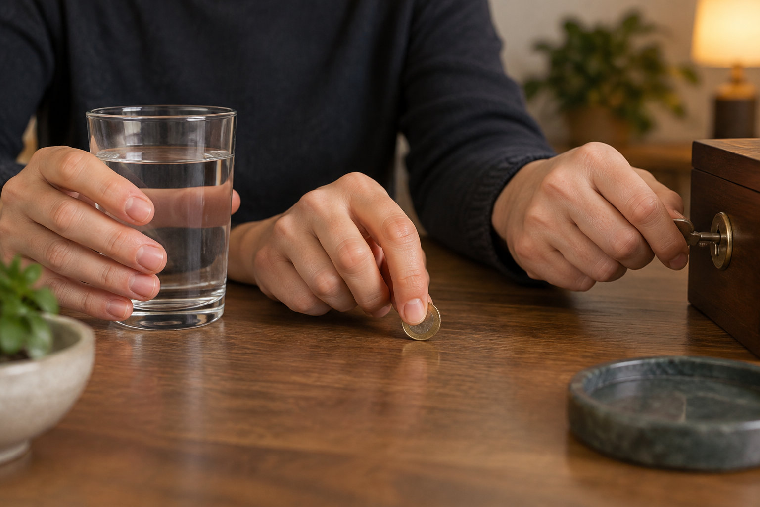 Une personne tient un verre d’eau, pose une pièce sur une table et insère une autre pièce dans la serrure d’une boîte en bois.