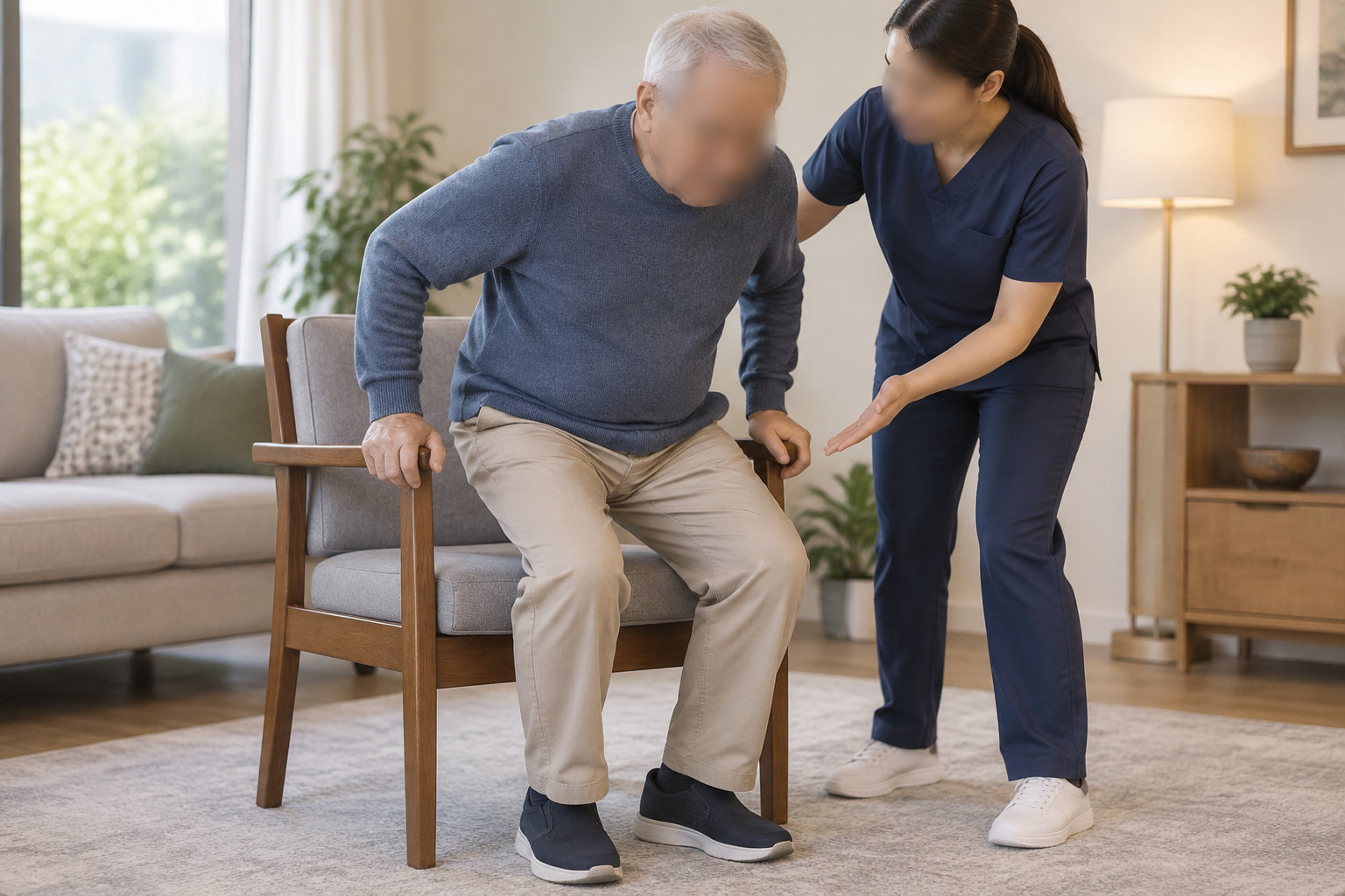 Une soignante accompagne un homme âgé qui se lève d’un fauteuil dans un salon.