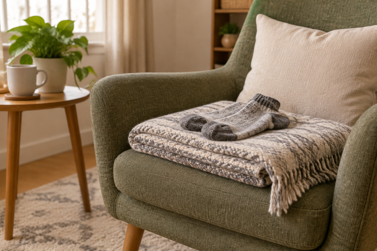 Un fauteuil vert avec un coussin et une couverture pliée sur l’assise, accompagné d’une paire de chaussettes en laine, près d’une table avec une tasse et une plante.
