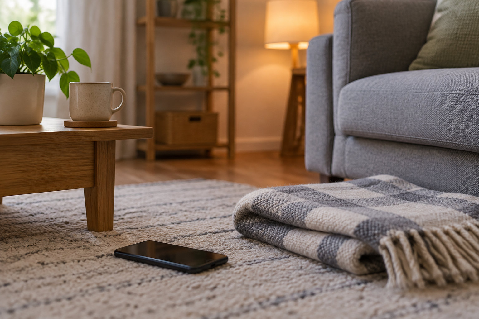 Un téléphone à écran noir est posé sur un tapis devant un canapé, près d’un plaid plié et d’une table basse portant une tasse et une plante.